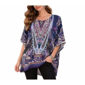 Chico's Boho Kimono Oversized Tunic Top S/M Blue Purple Paisley Knit Flowy